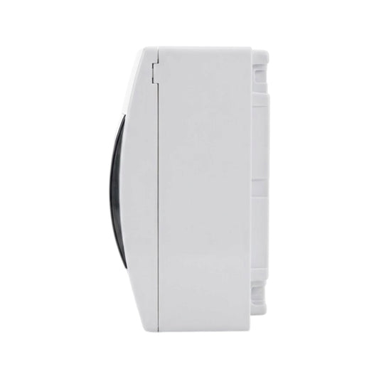 A white wall-mounted washing machine control panel or dispenser unit shown in a side profile view against a plain white background.