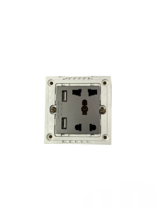 Opple Duplex Universal Outlet Square Gray 16A 250V with 2 Gang USB-A 5V 2.4A Outlet with Plate Cover F021685