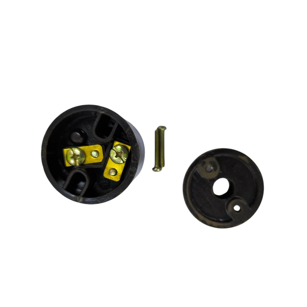 Kopez 1/8 inch lamp socket replacement showing two black socket parts and a metal pin