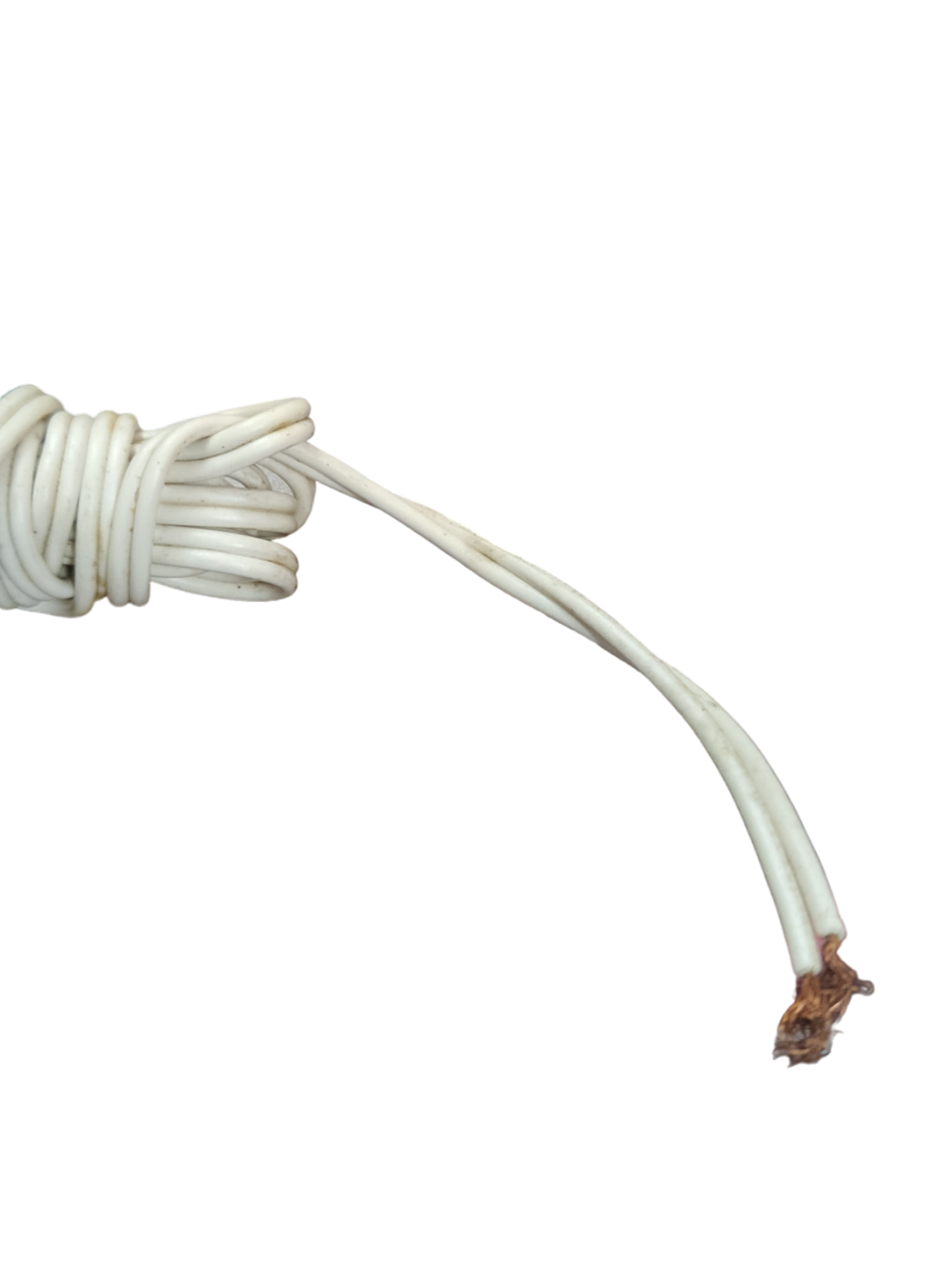 Coiled 1.5 meter pre cut electrical wire with exposed copper ends on black background