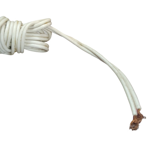 A coiled bundle of white electrical wire or cable with two exposed copper-toned metal ends, shown on a plain white background.