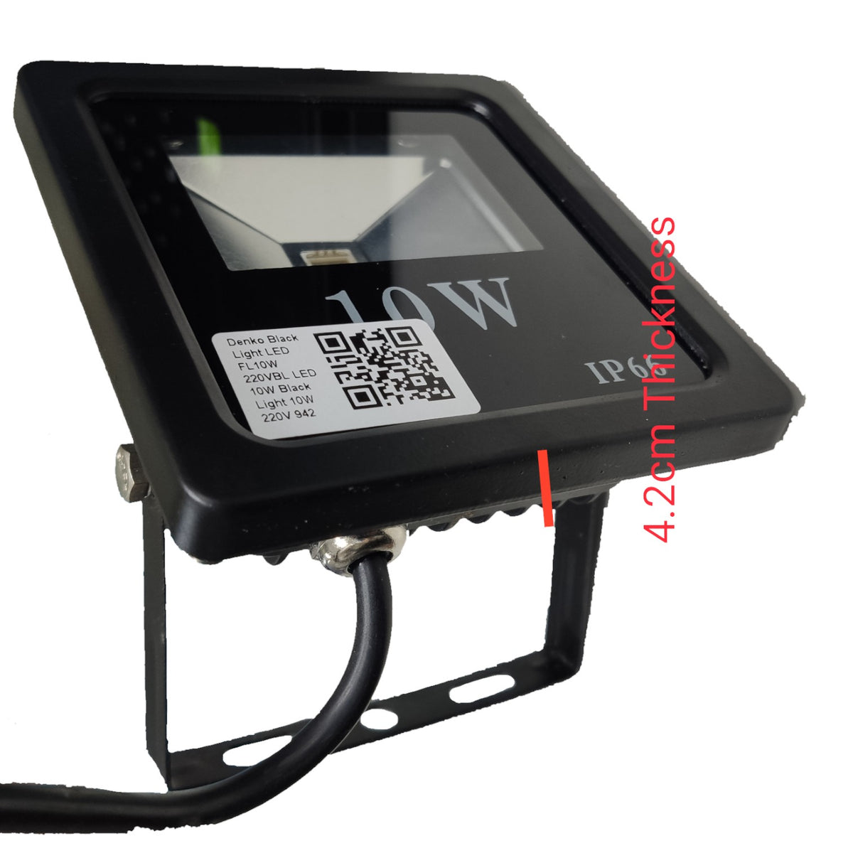 Black LED flood light with specifications on a white background