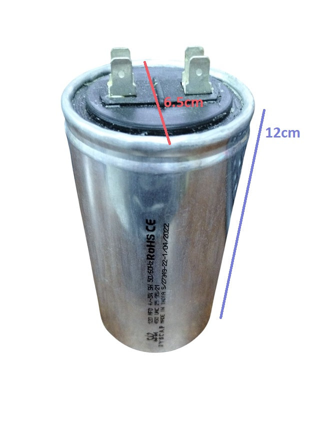 Syscap 120 MFD 450V AC running capacitor Oil Filled in a cylindrical design with silver casing