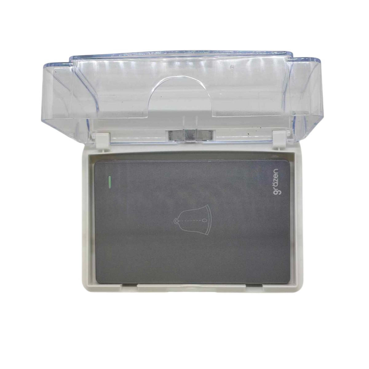 A smart home security device with a clear transparent protective cover on top, featuring a dark gray front panel with a bell icon and the brand name 'g-czen' in white, set against a plain white background.
