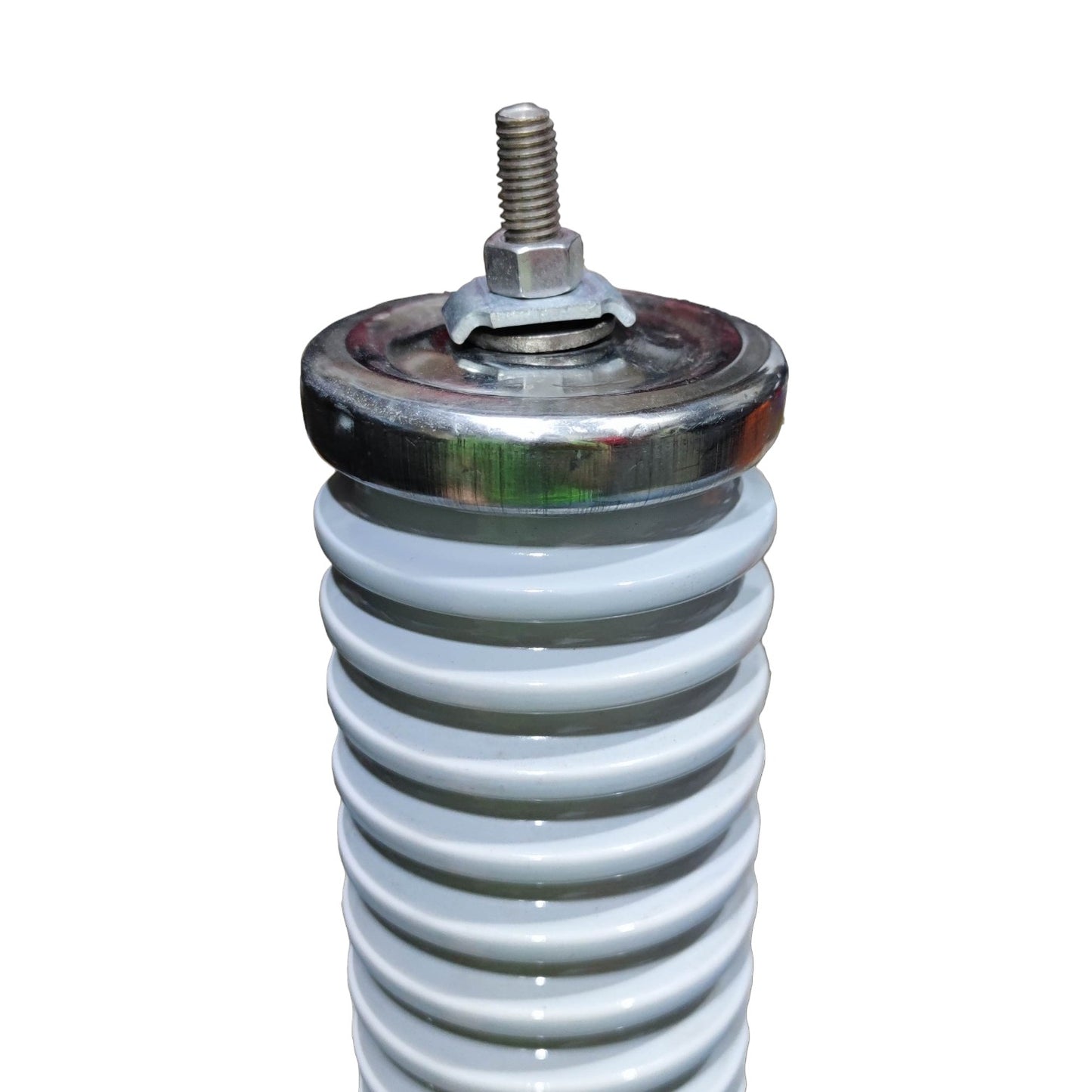 A close-up of a white ceramic high-voltage insulator with a metal terminal and threaded bolt on top, isolated on a white background.