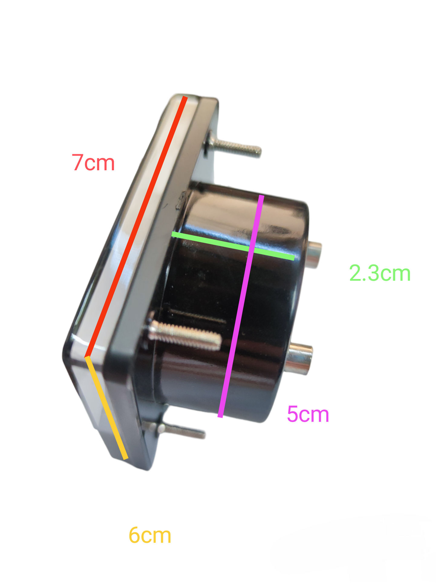 Lion 15A DC Panel Meter 60 x 70mm with black casing and metal mounting studs