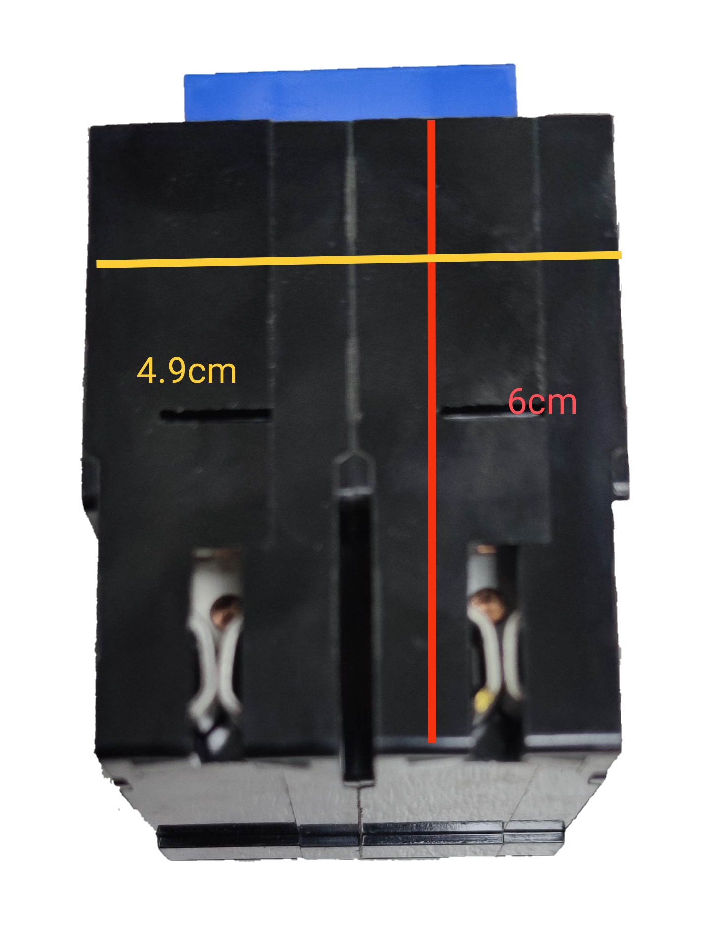 15A plug-in circuit breaker 2 pole black electrical component with measurement markings from Electx Electrical Supply