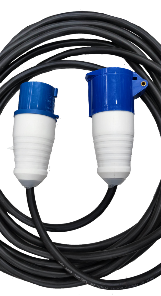 16A 3 Pole industrial power Extension Cord with blue and white connectors and long black cable