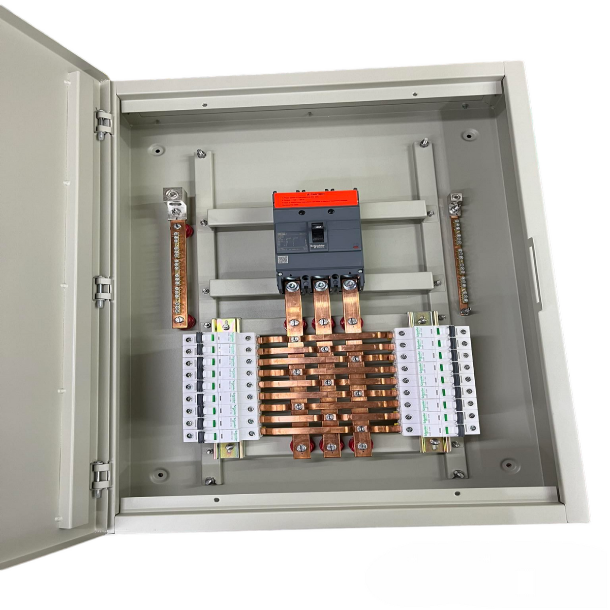 Schneider 18 Branches panel board main EZC250H 225A with internal electrical components in a closed cabinet