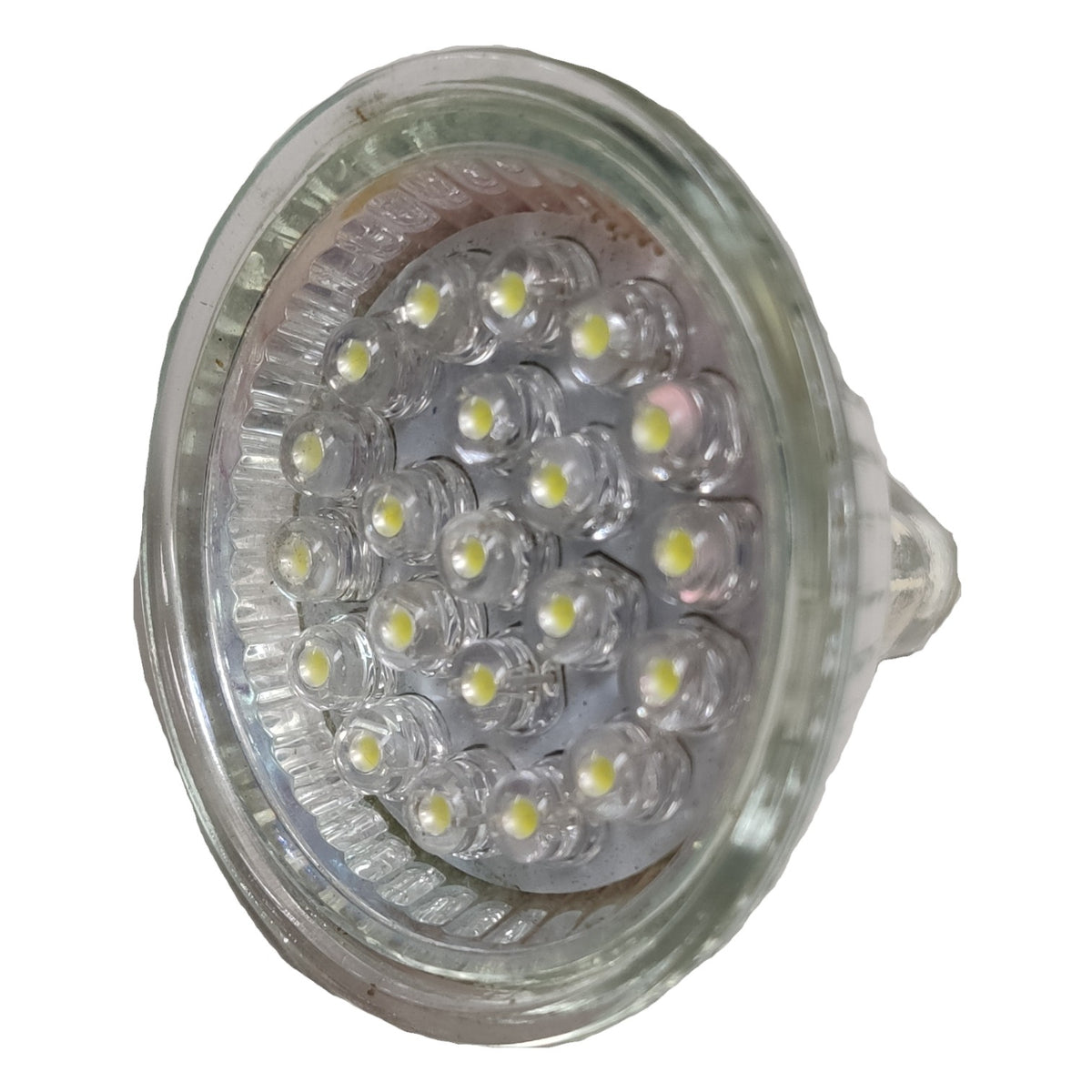 Close-up of a clear LED light bulb on a white background