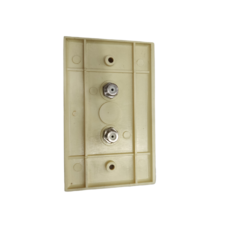 2 gang F jack outlet old design electrical part with dual coaxial connectors on a beige plastic base from Taiwan