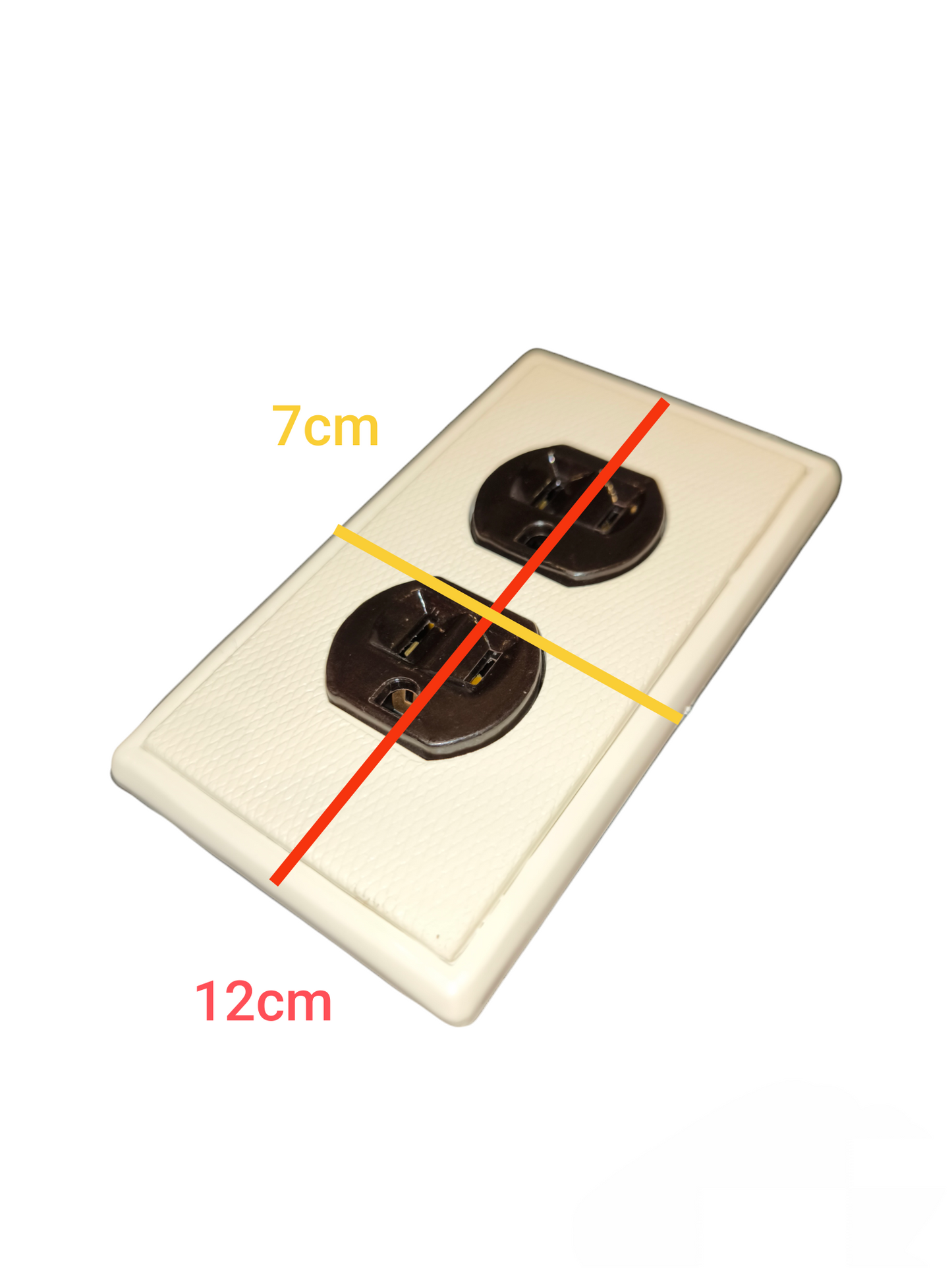 Kopez 2 gang flat pin outlet with ground beige power point showing dimensions 7cm by 12cm