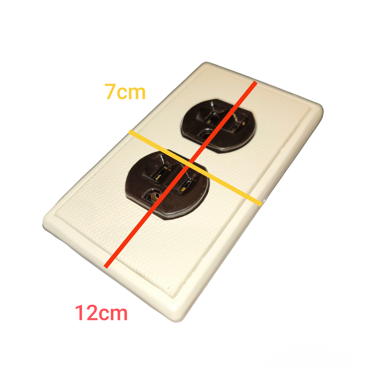 Kopez 2 gang flat pin outlet with ground beige power point showing dimensions 7cm by 12cm