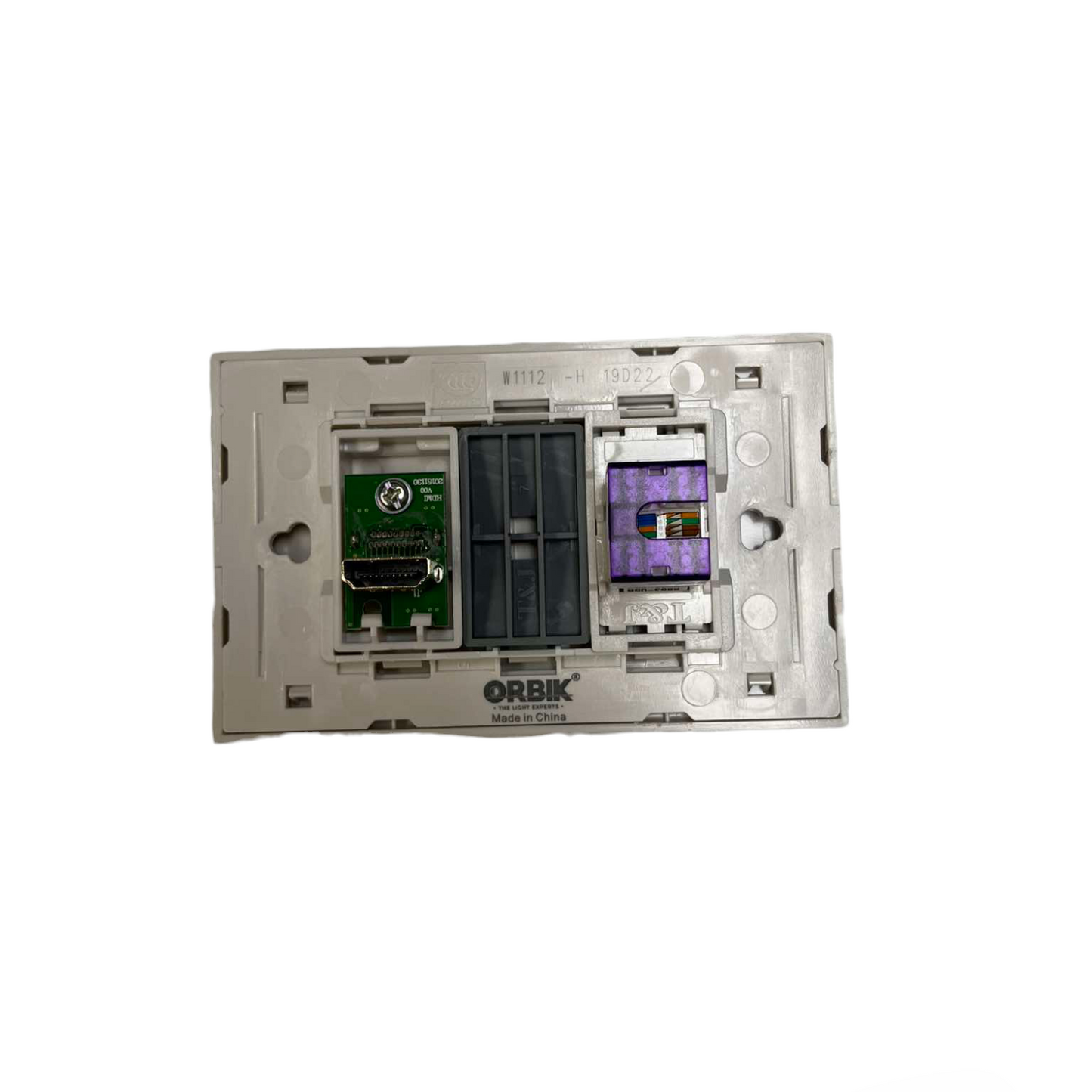 T&J 2 Gang Outlet HDMI and CAT6 Outlet with Plate showing connection ports and mounting frame