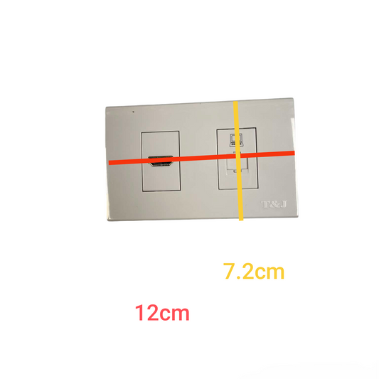 T&J 2 Gang Outlet HDMI and CAT6 Outlet with Plate measuring 12cm by 7.2cm in white finish