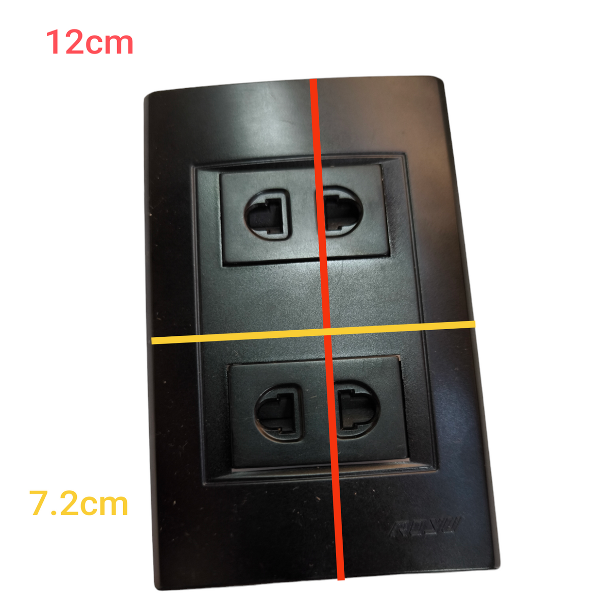 Royu 2 Gang Universal Outlet 10A 250V black power point with dimensions 12cm by 7.2cm