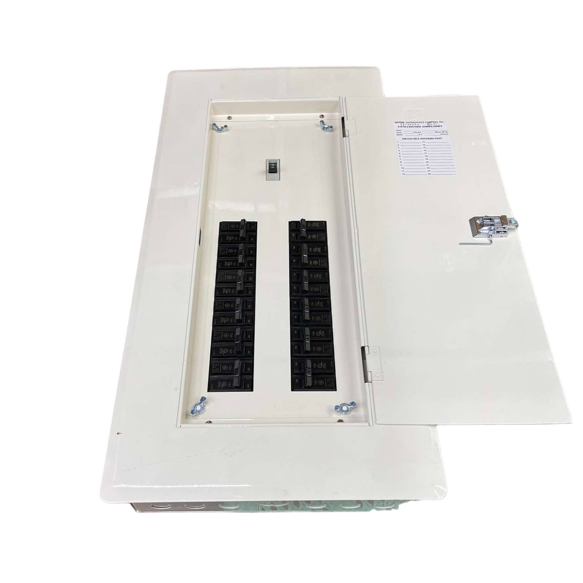 Koten and GE 2 pole main panel board 12 branches with open white metal enclosure and circuit breakers