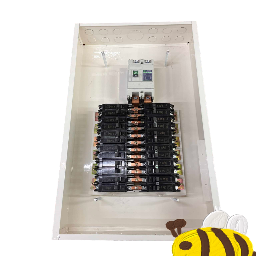 2 pole main panel board 12 branches electrical circuitry and parts by Koten and GE with breakers inside white enclosure