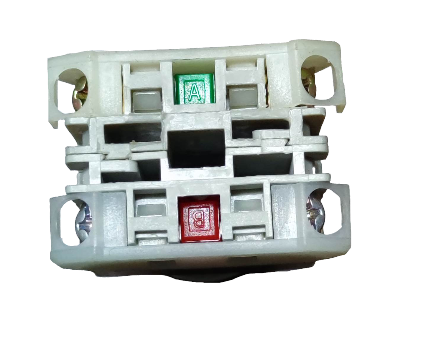 Auspicious 2 position selector switch with spring return in white plastic housing with green A and red B buttons