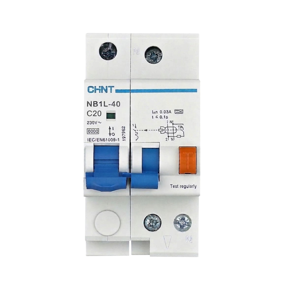 Chint 20A 1P+N 30mA 10KAIC 230V Residual Current Circuit Breaker with Overcurrent Protection RCBO NB1L-40H-20A1P+N
