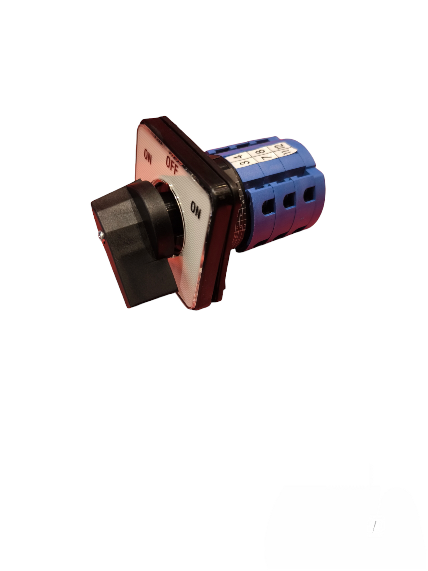 Auspicious 20A 3 pole cam switch with black handle and ON OFF markings for power control