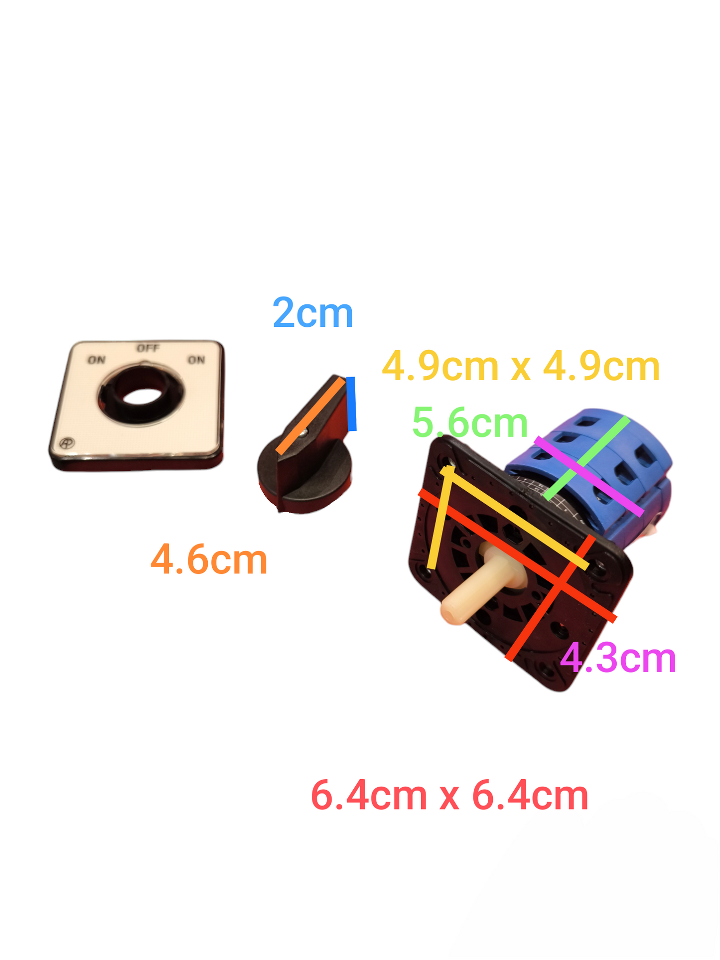 Auspicious 20A 3 pole cam switch disassembled showing switch plate, knob, and switch mechanism with dimensions