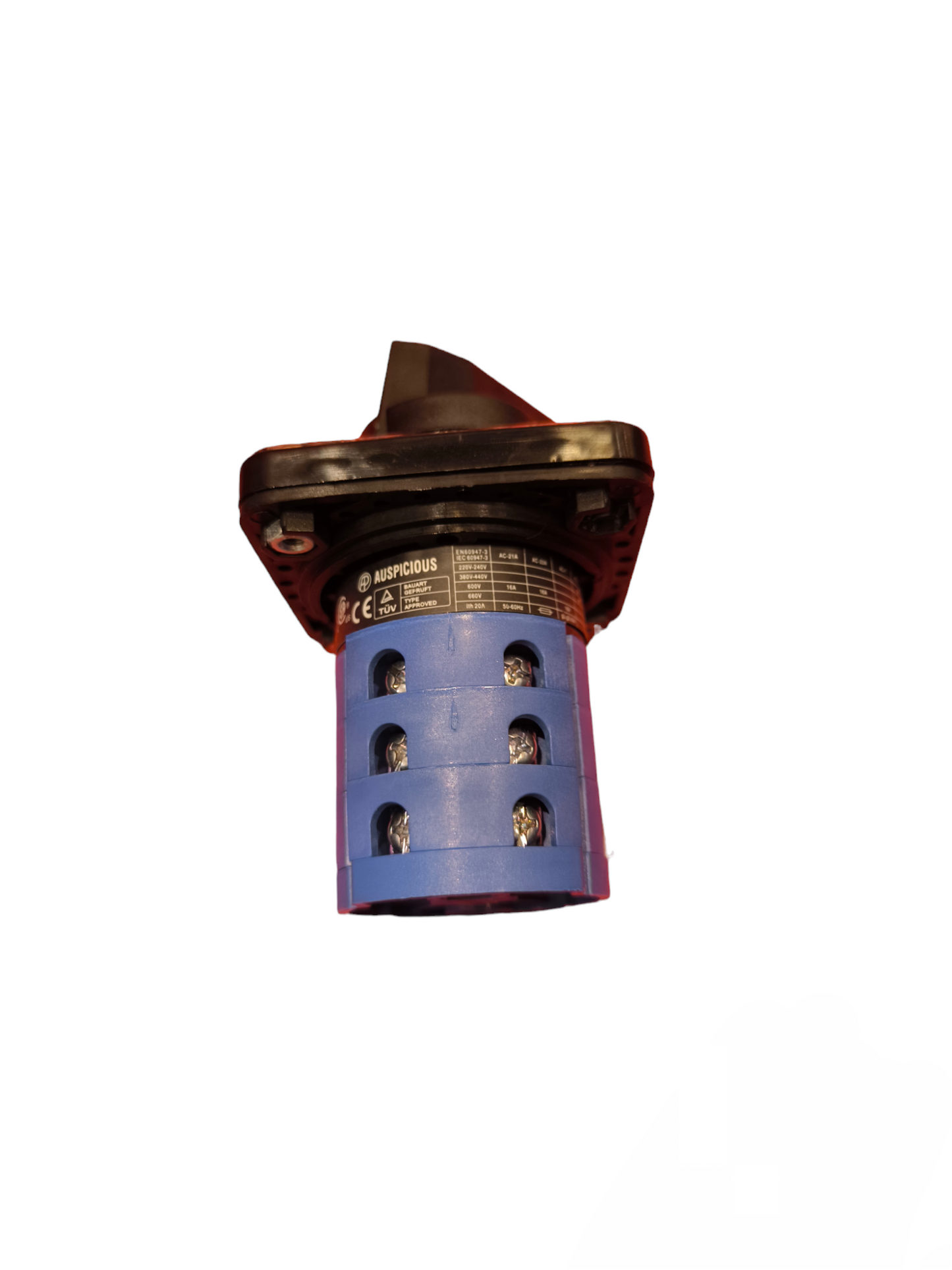 Auspicious 20A 3 pole cam switch with blue body and black handle for electrical power control