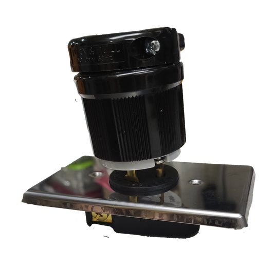 Grippes 20A Twist Lock Outlet with Plug 3 Pole mounted on stainless steel wall plate