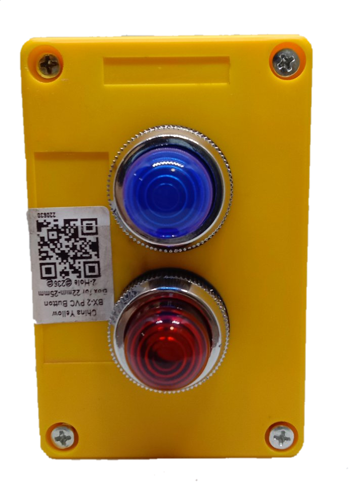 Auspicious 220V pilot lamp with surface box featuring blue and red indicator lights on a yellow housing