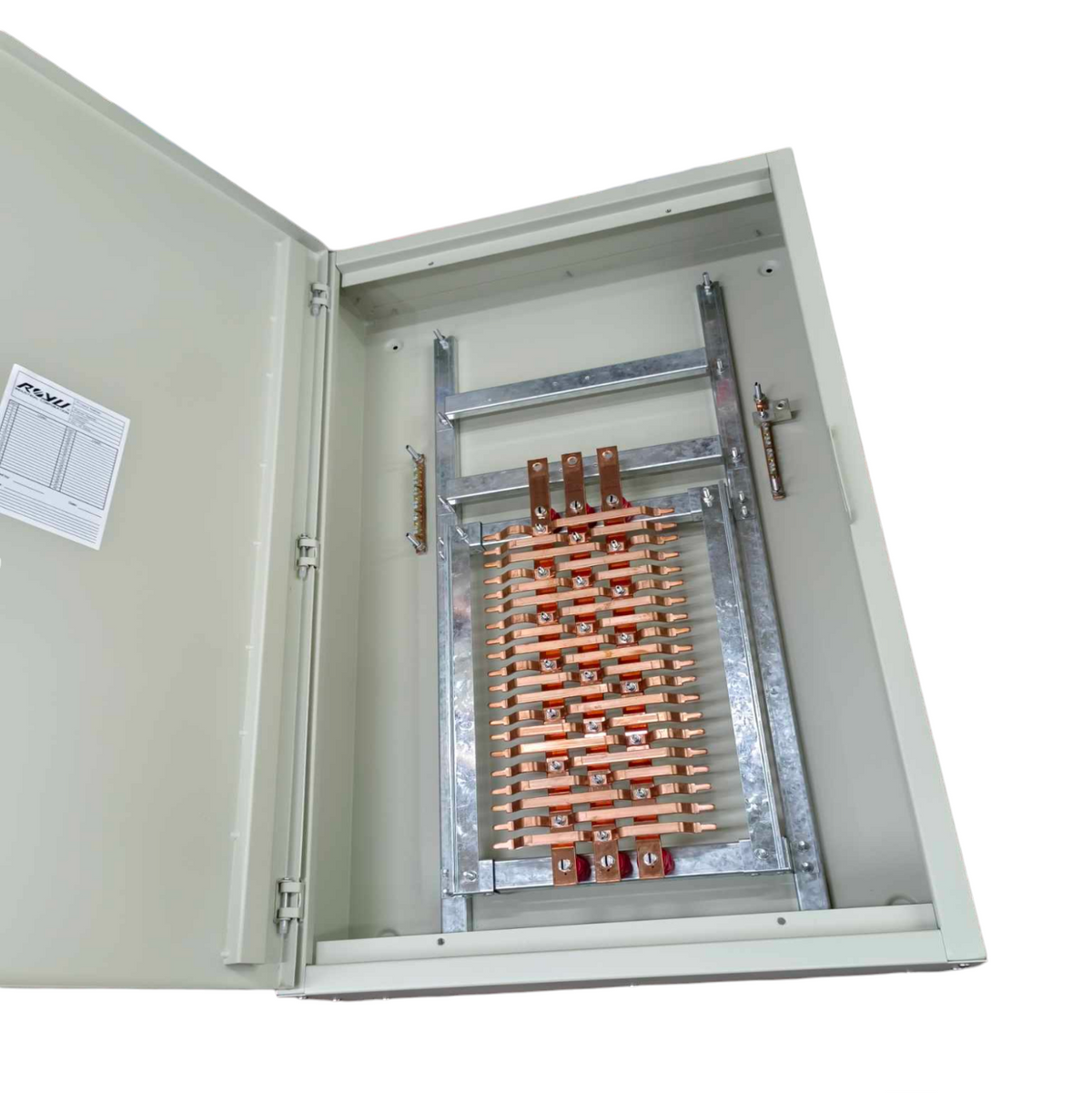 Schneider 225A 3 Pole EZC250F 3 Pole Main electrical panel with copper bus bars and open metal enclosure