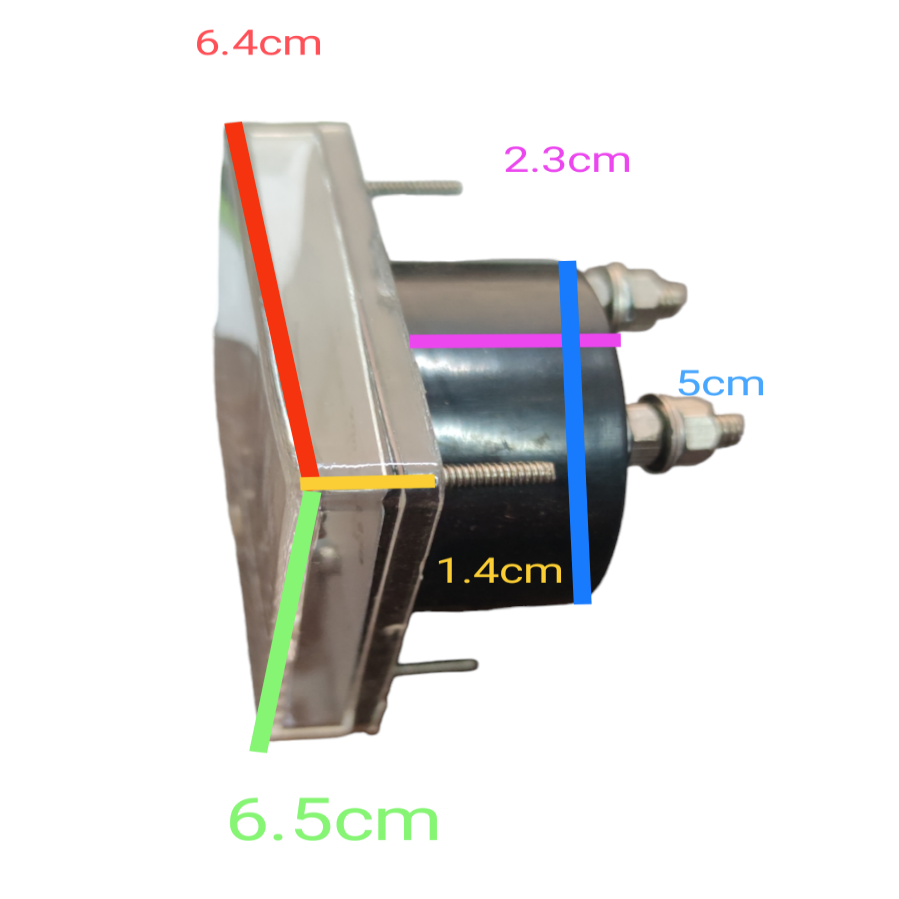 MEW 250mA DC 64mm x 65mm Panel Meter side view showing dimensions of electrical circuitry part