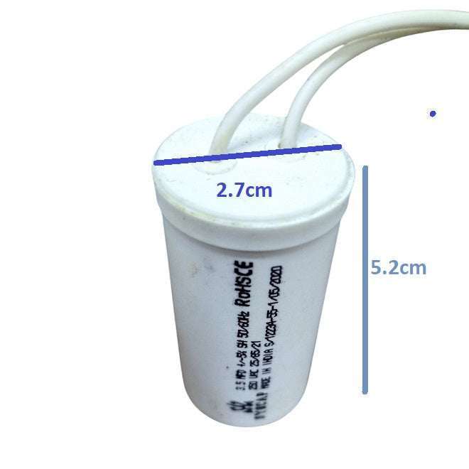 Syscap 250V AC Motor Running Capacitor with compact design measuring 2.7cm diameter and 5.2cm height