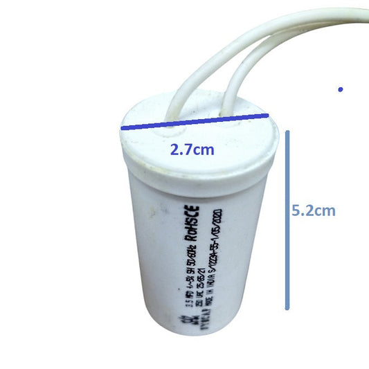 Syscap 250V AC Motor Running Capacitor with compact design measuring 2.7cm diameter and 5.2cm height