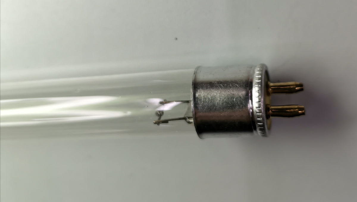 Close-up of 28W T-5 UV-C Germicidal fluorescent tube with metal pins for germicidal use