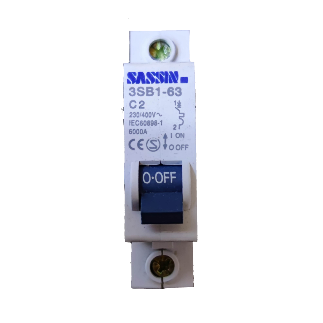 Sassin 2A Miniature Circuit Breaker 1 Pole 4.5 KAIC with ON OFF switch and white casing