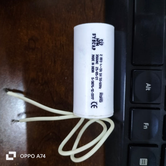 Syscap 2MFD 350V AC Running Capacitor white cylindrical electrical component with wires