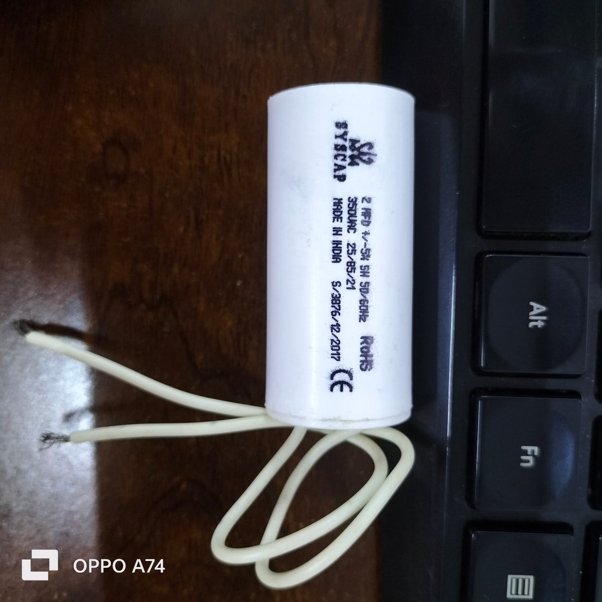 Syscap 2MFD 350V AC Running Capacitor white cylindrical electrical component with wires
