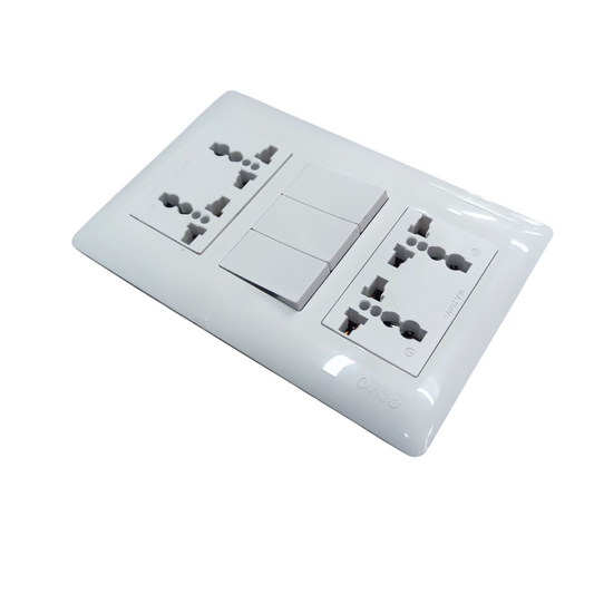 Omni 3 gang 3 way switch with universal outlet in white for versatile power and lighting control