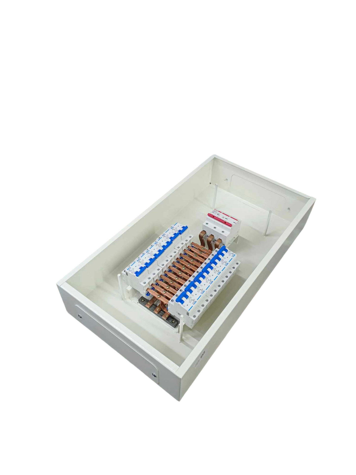 3 phase panel board 80A with circuit breakers and copper busbars in a white enclosure