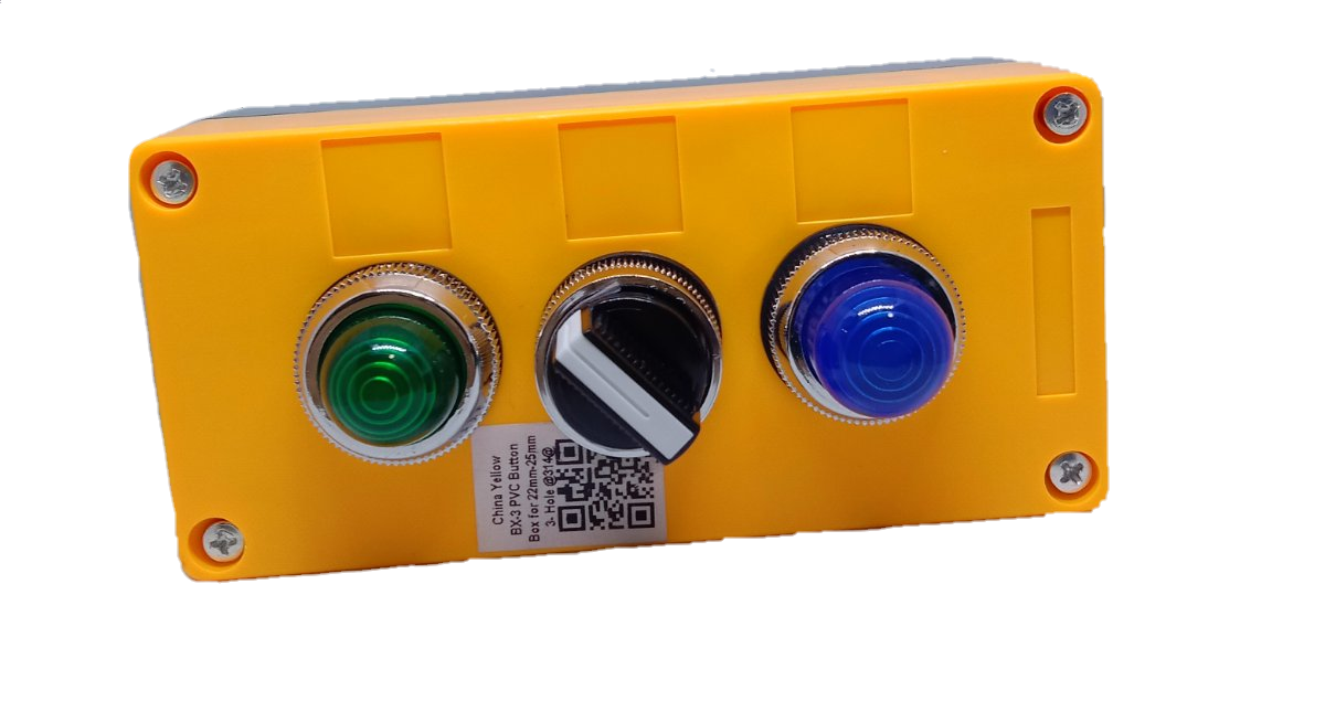 Auspicious 3 position selector switch with pilot lamp in yellow casing with green and blue indicator lights