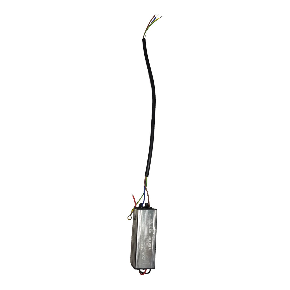 A silver metal electronic control module with a long black cable extending from the top and several colored wires at the bottom, shown against a plain white background.