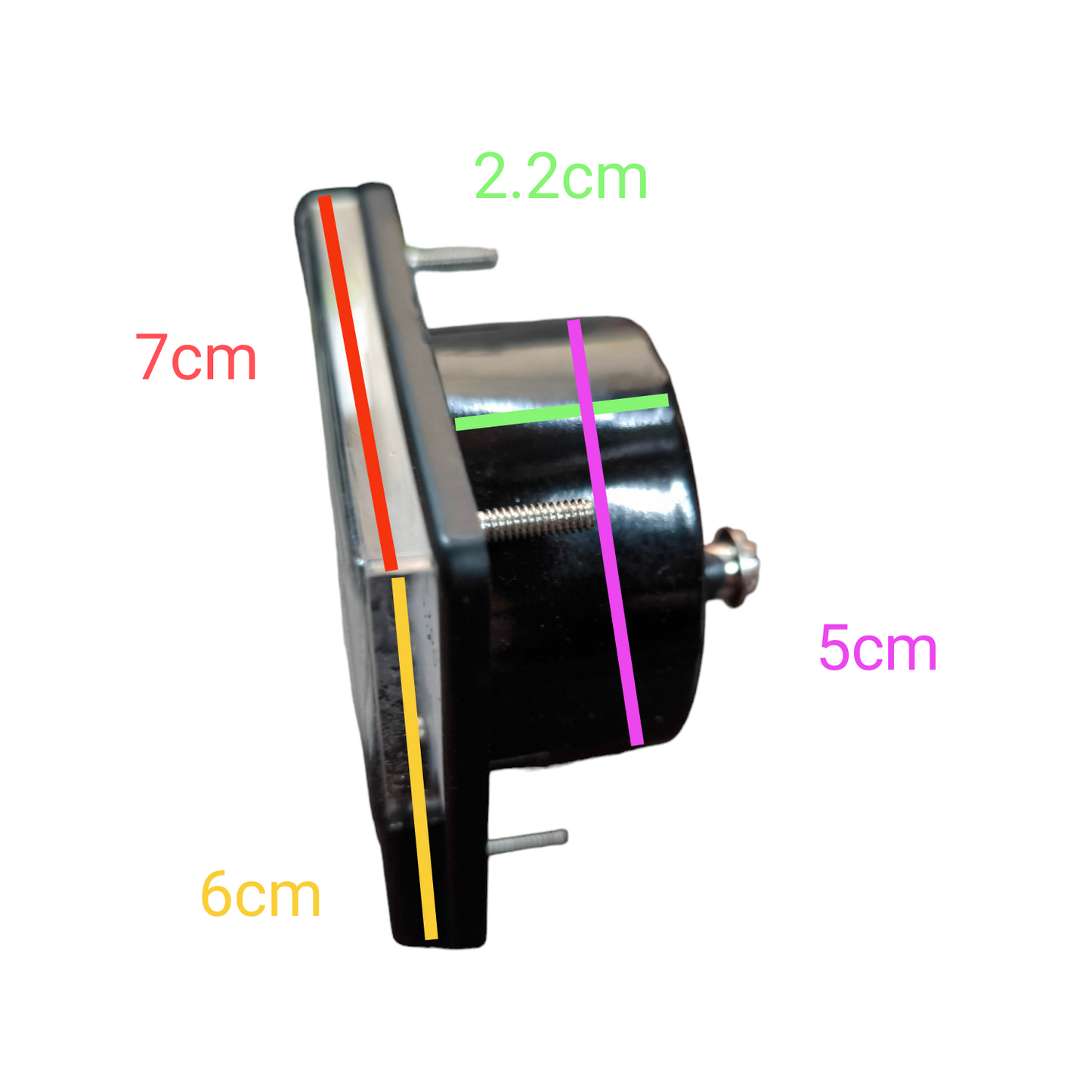 Side view of Hossini 30A AC Panel Meter 60mm x 70mm showing dimensions and electrical connections