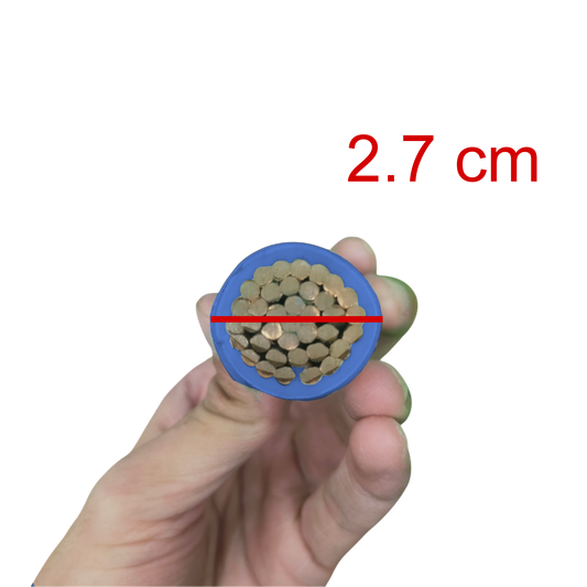 Cross-section of a cable held by a hand with a measurement of 2.7 cm.