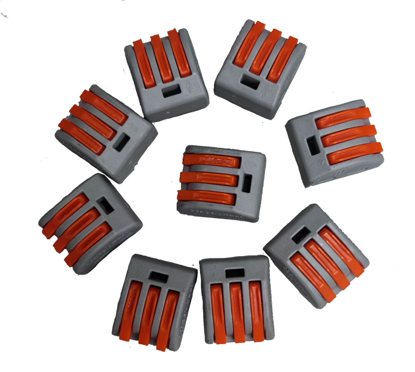 Set of gray and orange 32A 250V wire terminal block electrical connectors arranged in a circle