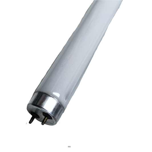Irisram 36W T8 yellow fluorescent tube with metal pins on a white glass tube against black background