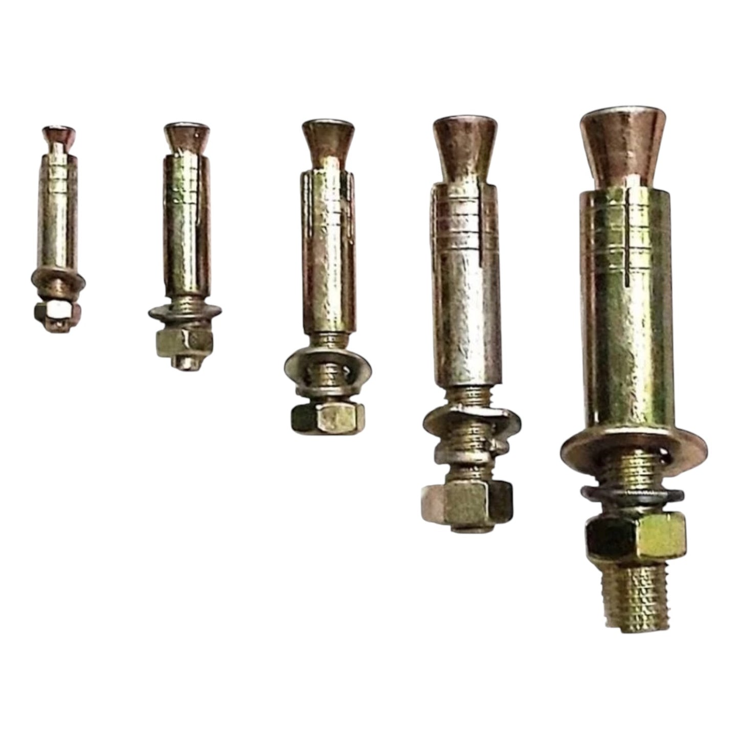Set of metal膨胀 bolts on a white background