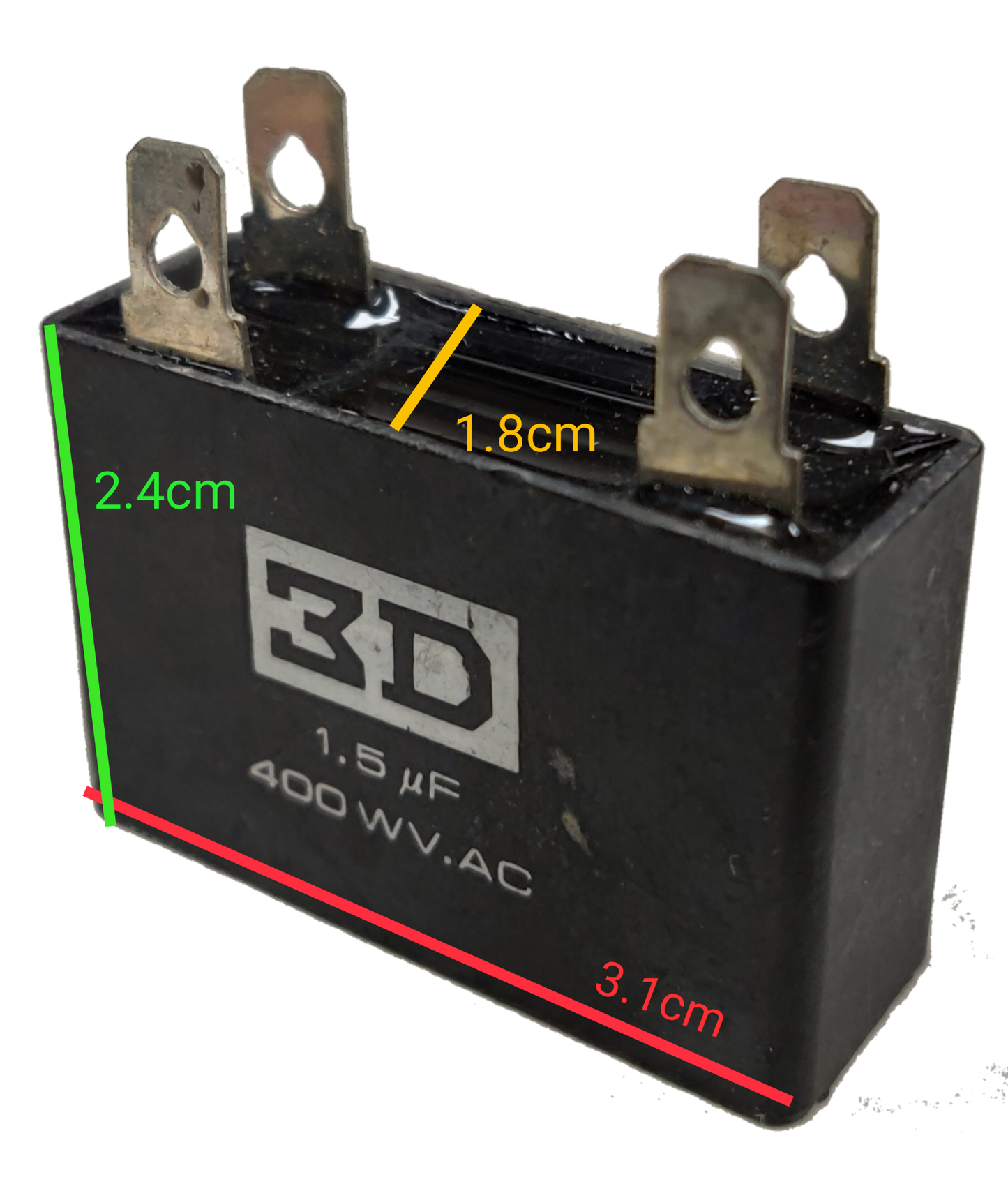 3D Motor Capacitor 400V AC with dimensions of 2.4cm x 3.1cm, ideal for electrical circuitry projects