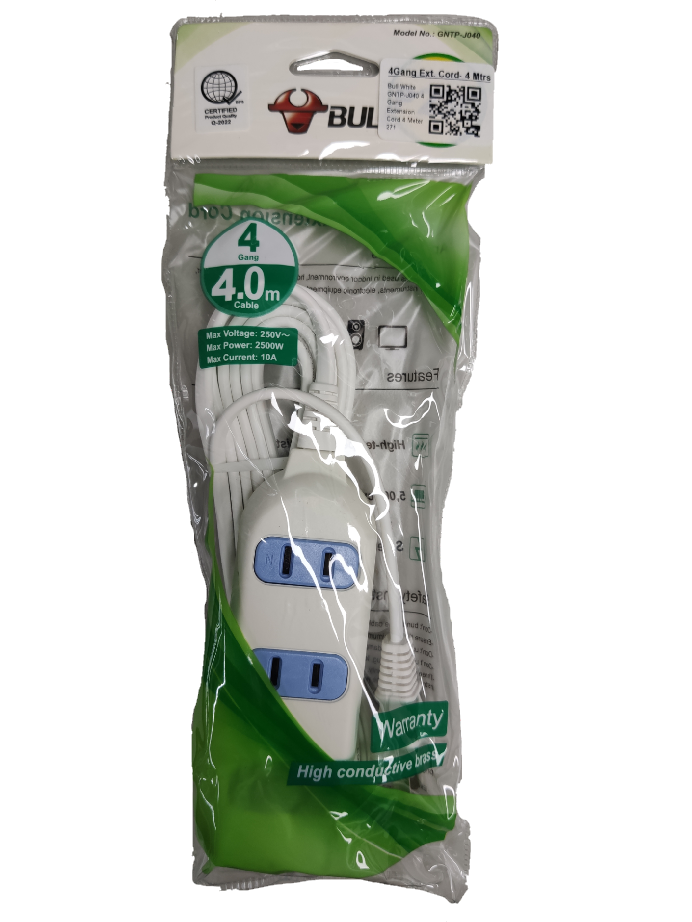 Bull 4 Meters Extension Cord 4 Gang Outlet power strip with blue switches and white cable