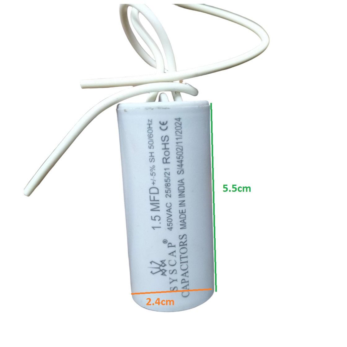 Syscap 450V AC Motor Run Capacitor with 1.5 MFD Rating and Dimensions 2.4cm x 5.5cm