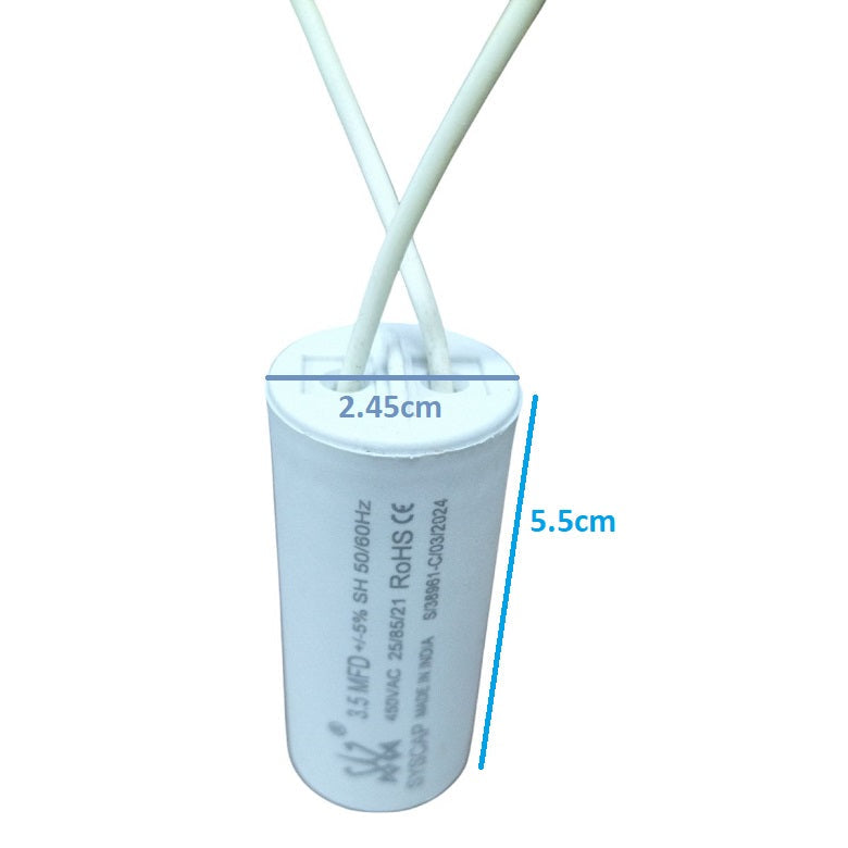 Syscap 450V AC Running Capacitor with dimensions 5.5cm height and 2.45cm diameter for electrical applications